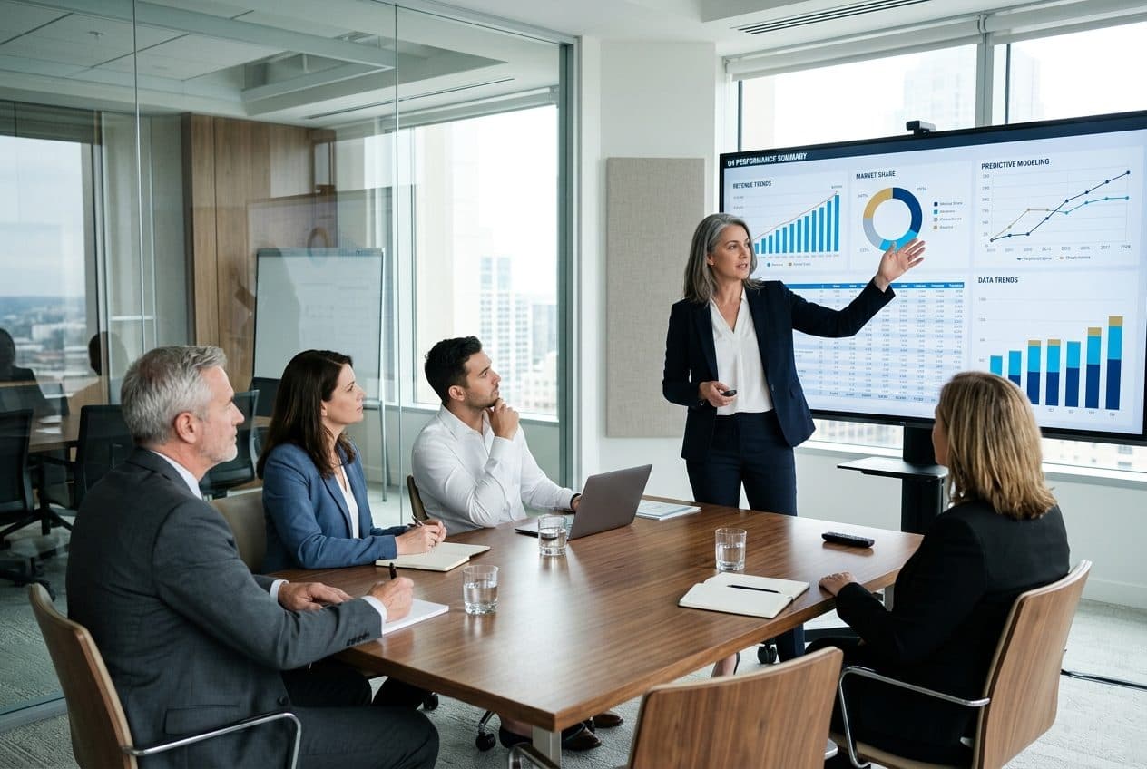 Technology professional presenting business insights