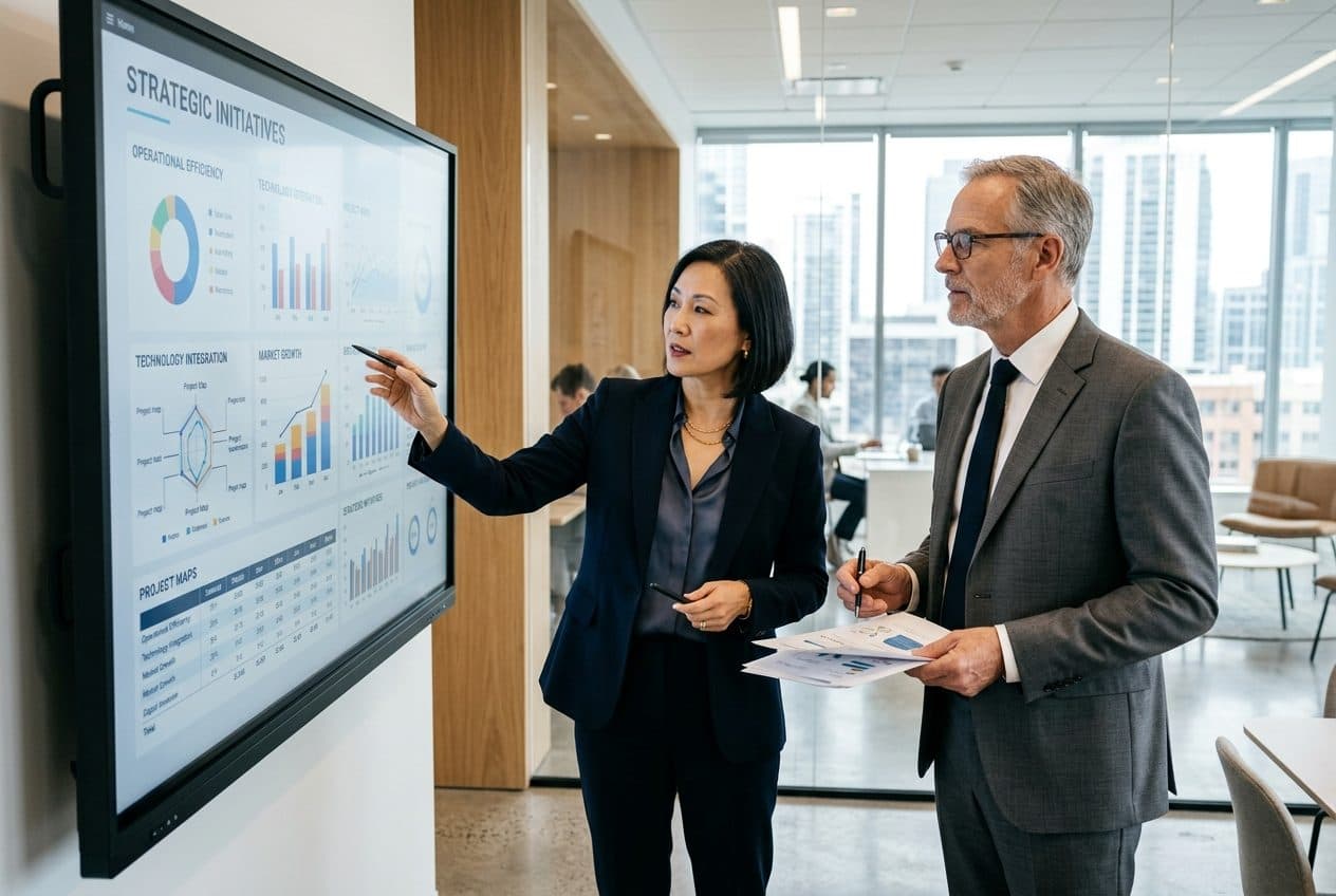 Business consultants reviewing strategy in a modern office