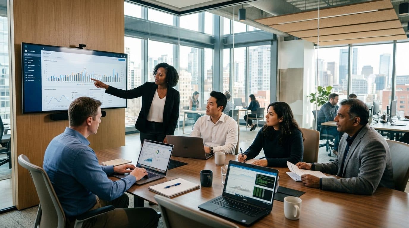 Business professionals collaborating in a modern office environment